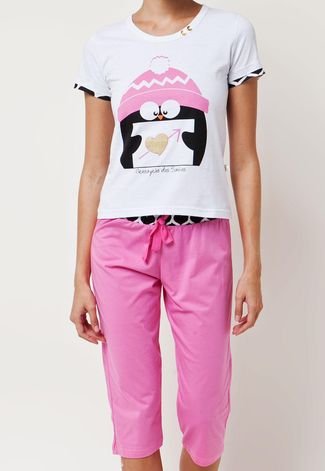 Pijama Pescador Mensageiro dos Sonhos Pinguim Branco/Rosa