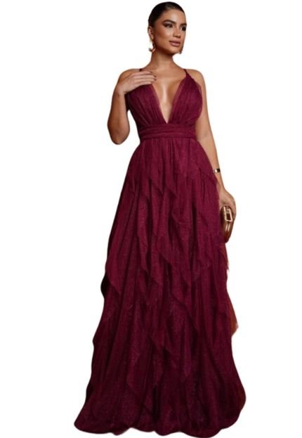 Vestido Longo de Festa Madrinhas  Decote em V Babados Camadas Micro Tule Com Brilho Fionne Marsala - Marca Cia do Vestido