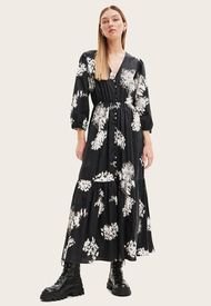 Vestido Desigual Camisero Midi Flores Negro - Calce Regular