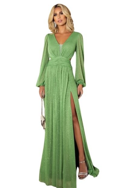 Vestido Longo De Festa Madrinhas Premium Manfa Longa Abertura Lateral Com Brilho Phaly Verde Oliva - Marca Cia do Vestido