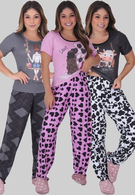 Kit 3 Conjuntos Pijamas Manga Curta Calça Comprida Virginia - Marca Click Mais Bonita