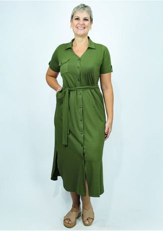 Vestido Chemise Pau a Pique Manga Curta Verde