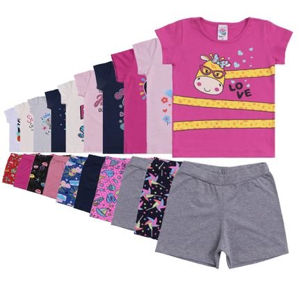 Kit 20 Unidades Infantil de Menina Feminino 10 Shorts cotton e 10 Blusinha Manga Curta - Marca Alikids