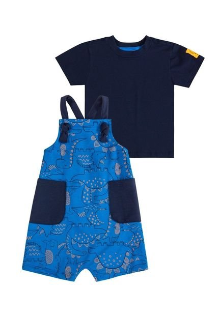 Conjunto Bebê com Jardineira de Moletom e Camiseta em Meia Malha Quimby Azul - Marca Quimby