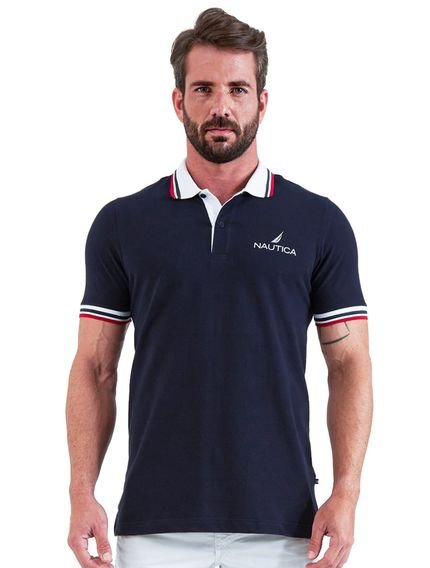 Polo Nautica Masculina Piquet Reta Frisos Gola Azul Marinho - Marca Nautica