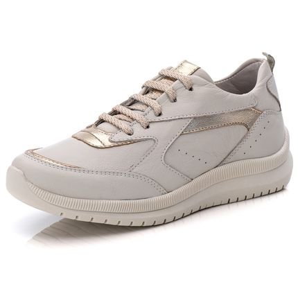Tênis Casual Couro Sneaker Detalhes Metalizados Feminino Solado Chunky Emborrachado Amarração Confortável Off White   Dourado - Marca Walk Easy