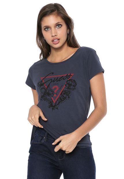 Blusa Guess Flores Logo Azul-marinho - Marca Guess