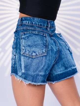 Short Jeans Feminino Cintura Alta Barra Desfiado