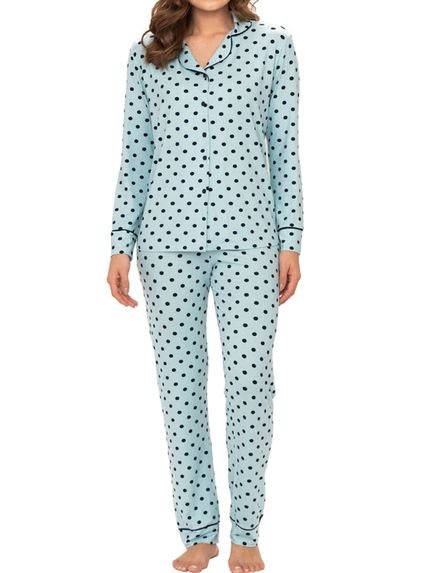 Pijama Feminino Longo com Abertura Podiun 235126 Azul - Marca PODIUN SLEEPWEAR