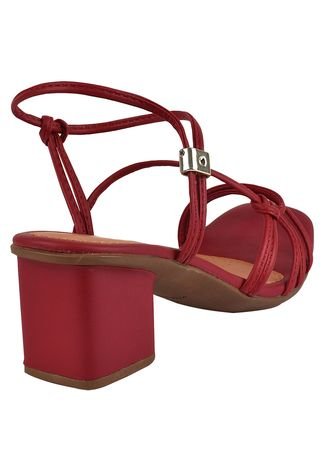 Sandália Salto Grosso Rosa Chic Calçados Feminino Salto Baixo Bloco Tirinhas Calce Fácil Bico Vermelho