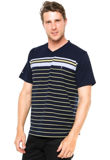 Camiseta Aleatory Bordado Listras Azul-Marinho/Amarela - Marca Aleatory