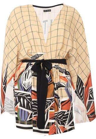 Kimono Triton Estampado Bege/Preto