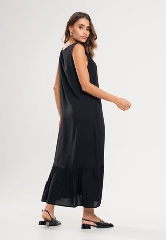 Vestido Midi Regata Babado Viscolinho Salvatore Fashion Preto