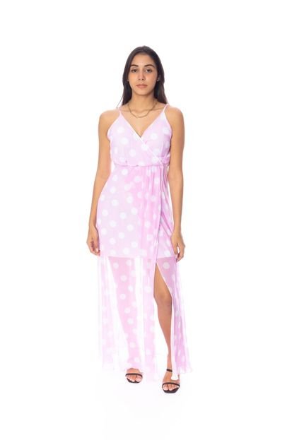Vestido Moda Vicio Longo Alça Fina com Transpasse e Fenda Frente Tule Poá Rosa e Branco - Marca Moda Vício