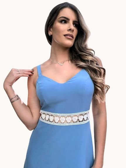 VESTIDO MIDI LISO COM RENDAS  azul claro - Marca Art Livre