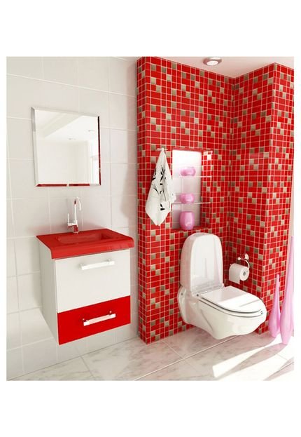 Kit Completo para Banheiro 40 cm com 3 Peças Vetro 13 Branco e Vermelho Tomdo - Marca Tomdo