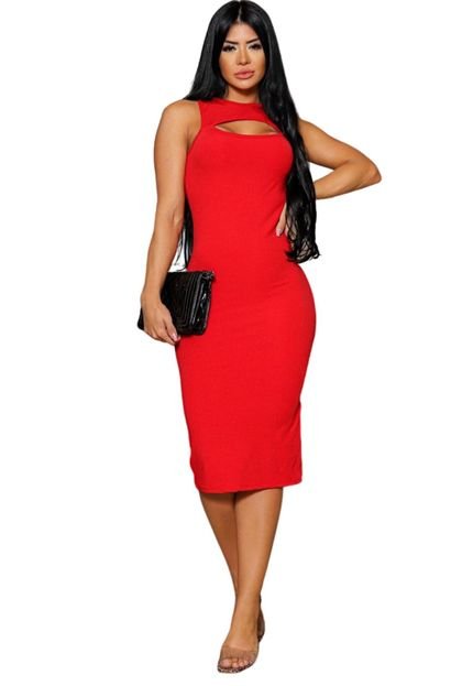 Vestido decote Canelado Regata Feminino Com Abertura Lateral Vermelho - Marca Summer Body