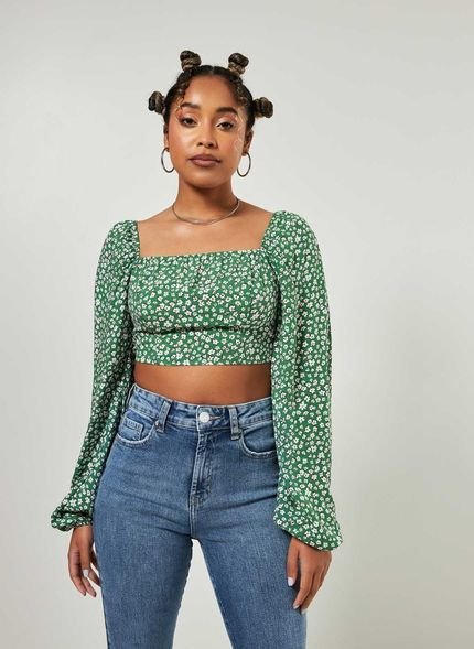 Cropped Manga Bufante Verde Floral - Marca Youcom