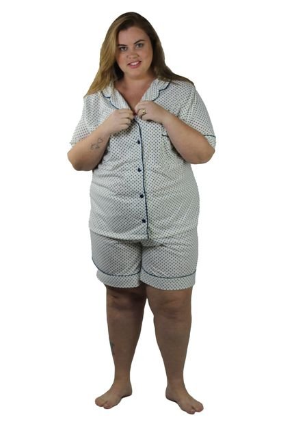 Pijama Plus Size Feminino Americano Blogueira Aberto Com Botões Poá Azul - Marca CIA DA SEDA