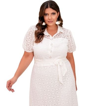 Vestido Plus Size Renda com Meia Vista  Off White - Marca Predilects Plus