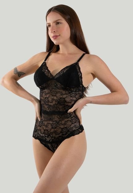 Body Feminino Fitss Renda Preto Lingerie Transparente Alcinha Decote V - Marca Fitss