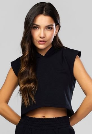 Blusa Cropped Vicbela Regata Com Capuz Moletinho Inverno Preto