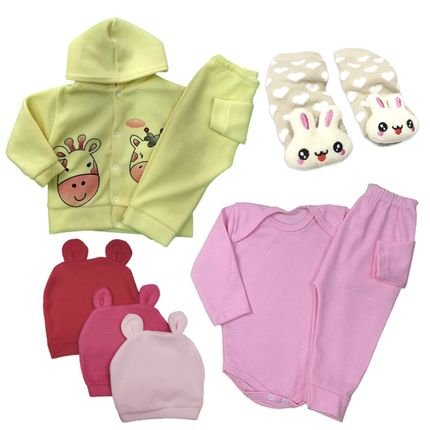 Kit Bebê Conjunto Soft   Conjunto Suedine   Pantufa e Toucas Rosa - Marca Koala Baby