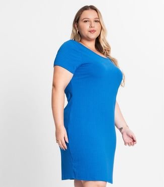 Vestido Plus Size Canelado Secret Glam Azul