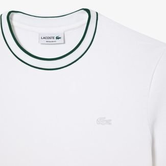 Camiseta com Gola Listrada em Piqué e Tecido Elástico Branco