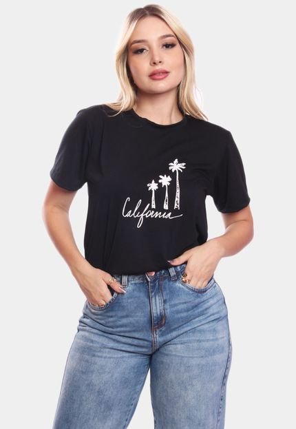 Tshirt Blusa Feminina Coqueiros California Estampada Manga Curta Camiseta Camisa Preto - Marca ADRIBEN