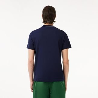 Camiseta com Gola Listrada em Piqué e Tecido Elástico Azul