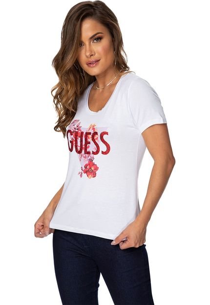 Blusa Guess Logo Flores Branca - Marca Guess