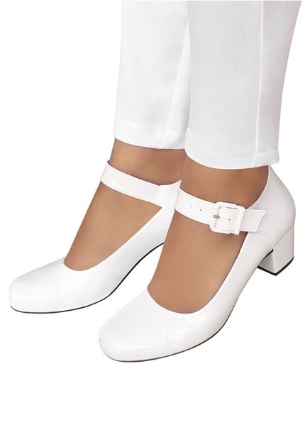 Sapato Feminino Boneca Branco Noiva Salto Baixo Grosso - Marca Duani