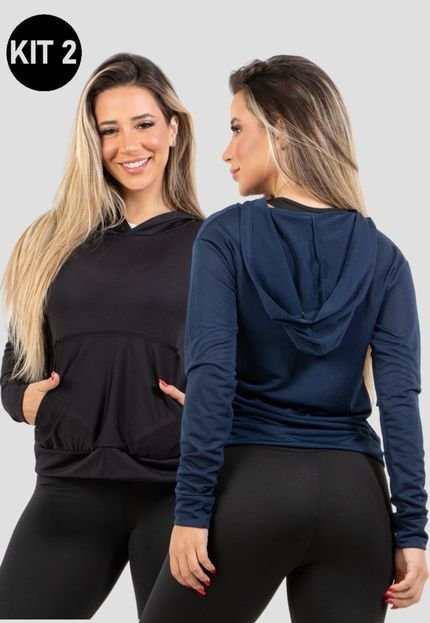 Kit 2 Casacos Feminino Dry Fit Com Bolso Fitness RLC Modas Azul Marinho/Preto - Marca RLC Modas