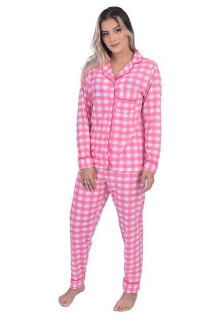 Pijama Feminino Inverno Adulto Americano Longo De Frio Xadrez Rosa - Marca CIA DA SEDA