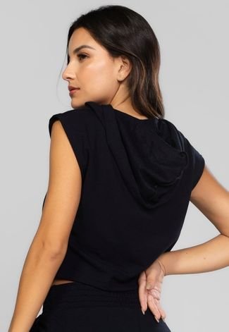 Blusa Cropped Vicbela Regata Com Capuz Moletinho Inverno Preto