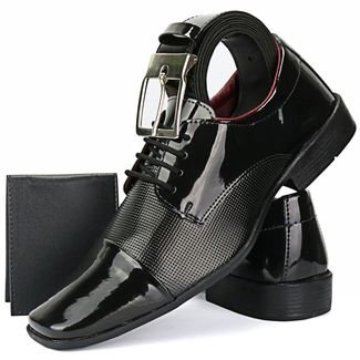 Kit de Sapato Social Masculino SapatoFran Brogue Envernizado com Cinto e Carteira Preto