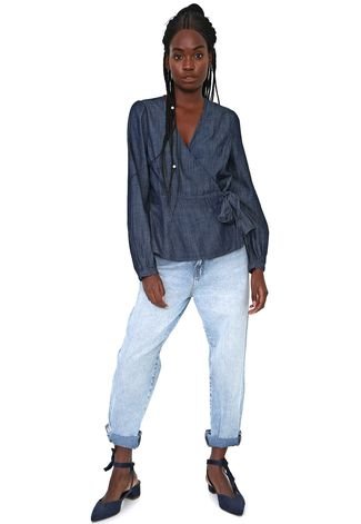 Blusa Jeans GAP Blouson Sleeve Wrap Top Azul-Marinho - Compre Agora