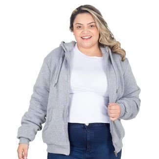 Jaqueta Moletom Peluciada Plus Size Feminina Com Capuz Lisa