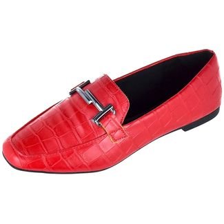 Kit 2 Pares Sapato Feminino Mocassim Donatella Shoes Bico Quadrado Confort Preto e Vermelho Croco