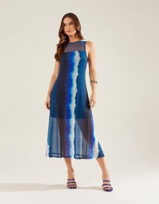 Vestido Zinzane Feminino Midi Tule Estampado Suzi - Azul Marinho