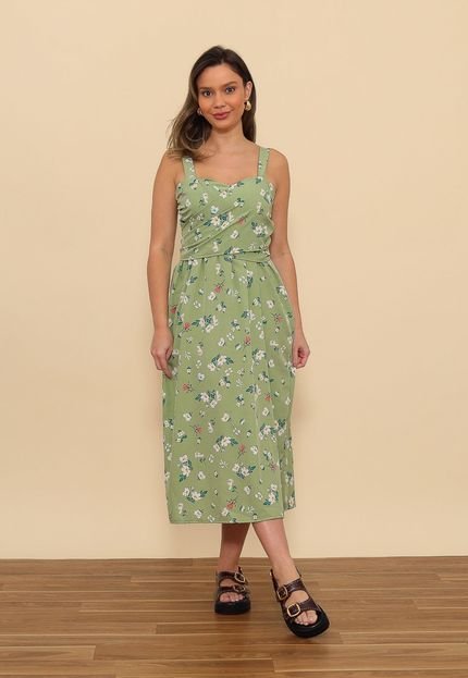 Vestido Olga Crepinho Floral Verde - Marca Aura