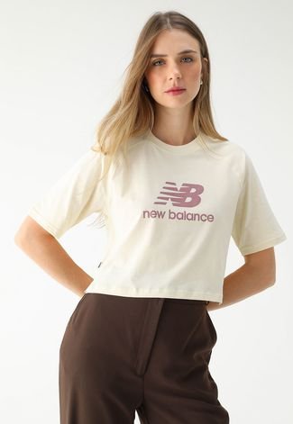 Camiseta Cropped New Balance Reta Logo Off-White