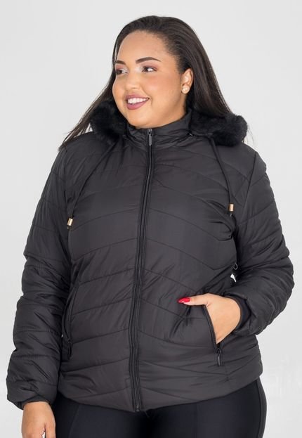 Jaqueta Plus Size para Inverno Bobojaco Nylon Capuz Removível Preto - Marca Cia do Vestido