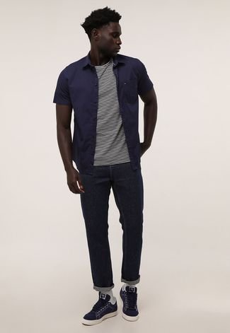 Camisa Tommy Jeans Reta com Bolso Azul-Marinho