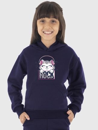 Moletom Canguru Infantil Menina Estampado Cat Rock Marinho