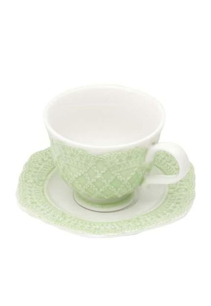 Jogo de 6 Xícaras Porcelana para Café Com Pires Givemy Verde Claro 90ml Branco - Marca Wolff