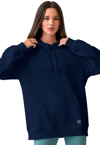 Blusa De Frio Feminina W2 Moletom Liso Com Capuz e Bolso Canguru Felpado Azul Marinho