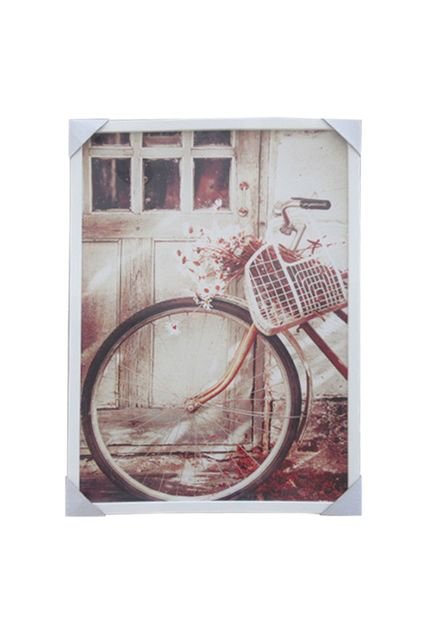 Quadro Emoldurado Urban Lona Bike And Flowers 70x50cm Bege - Marca Urban