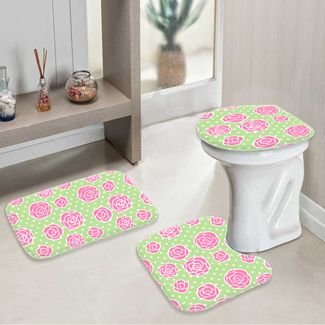 Kit 3 Tapetes Decorativos para Banheiro Wevans Rosas Verde